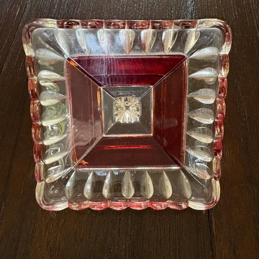 Vintage Glass Candy Dish Ruby Flash Lid Footed Compote Mismatched Eclectic 30s